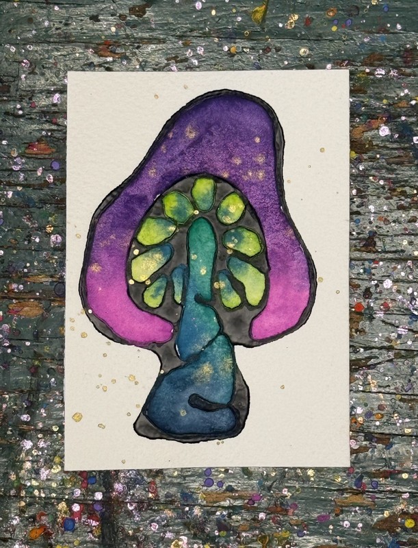 ACEO Original, Game of Shrooms Galactic Mushroom #2, 2.5” X 3.5” Mini Painting