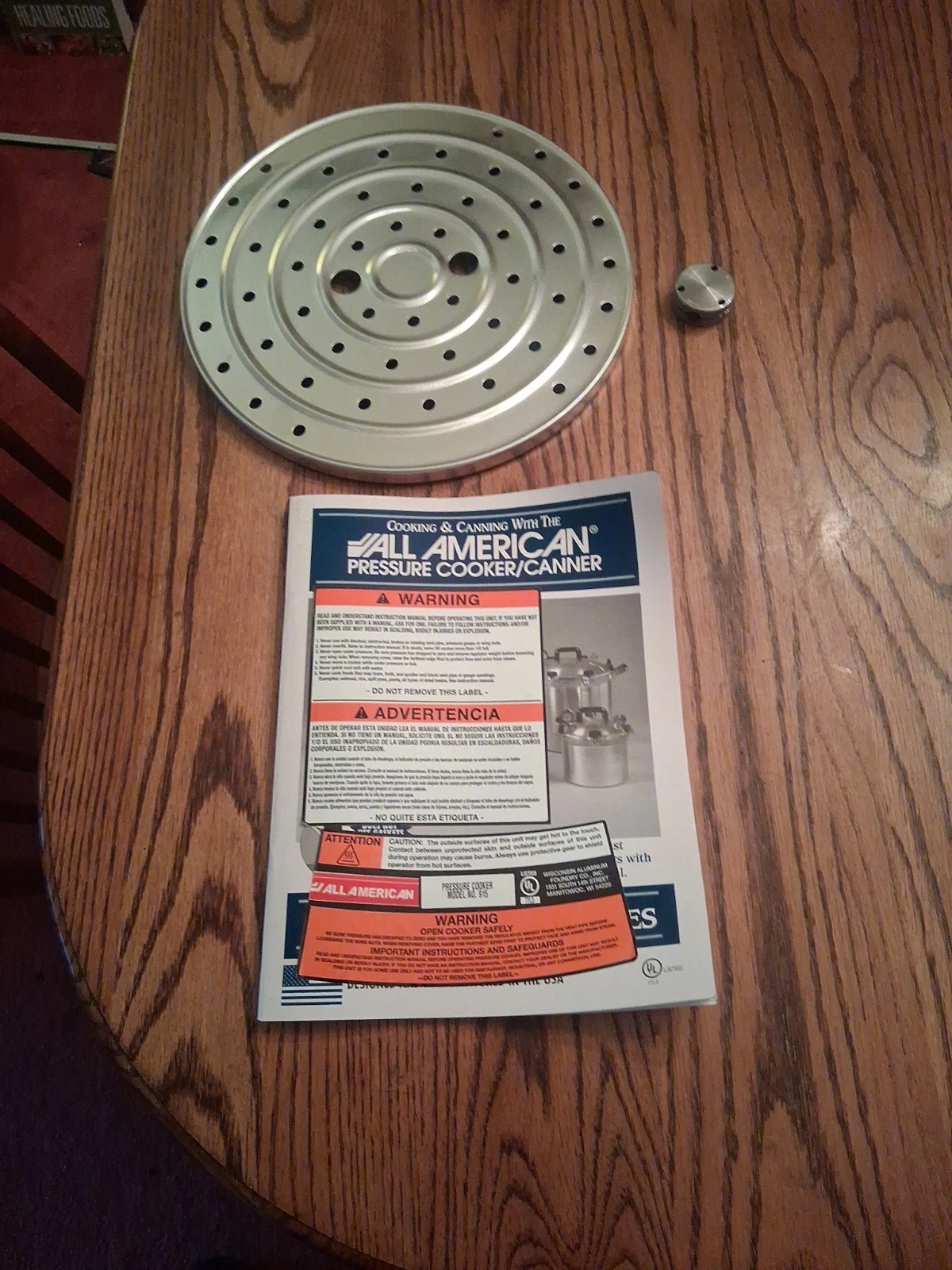 Parts from All American Pressure Cooker Model 9l5 Rack, Pressure Weight & Manual