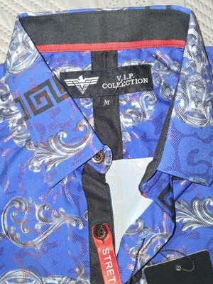 Men's Italian fashion Button Down Short Sleeves Shirt Navy/Gold VIP Collection