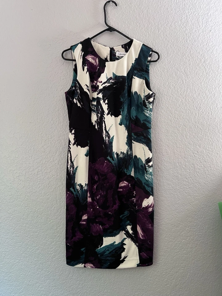 CALVIN KLEIN Womens Dress Purple Floral Sleeveless Knee Length Sheath Size M P - Image 2 of 4