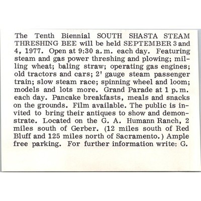 South Shasta Steam Threshing Bee G. A. Humann Ranch 1977 Ad SAH2-M2
