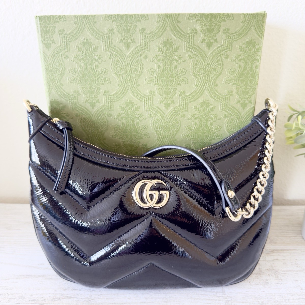 New Gucci Marmont GG half moon Shiny leather small shoulder bag