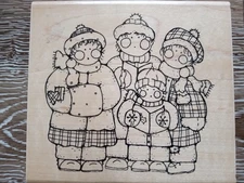 JRL Design Vintage Wood Stamp Christmas Carolers Family Rubber Stamp