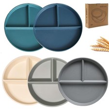 Unbreakable 9" Divided Dinner Plates Set of 5 - BPA Free Wheat Straw, Healthy Po