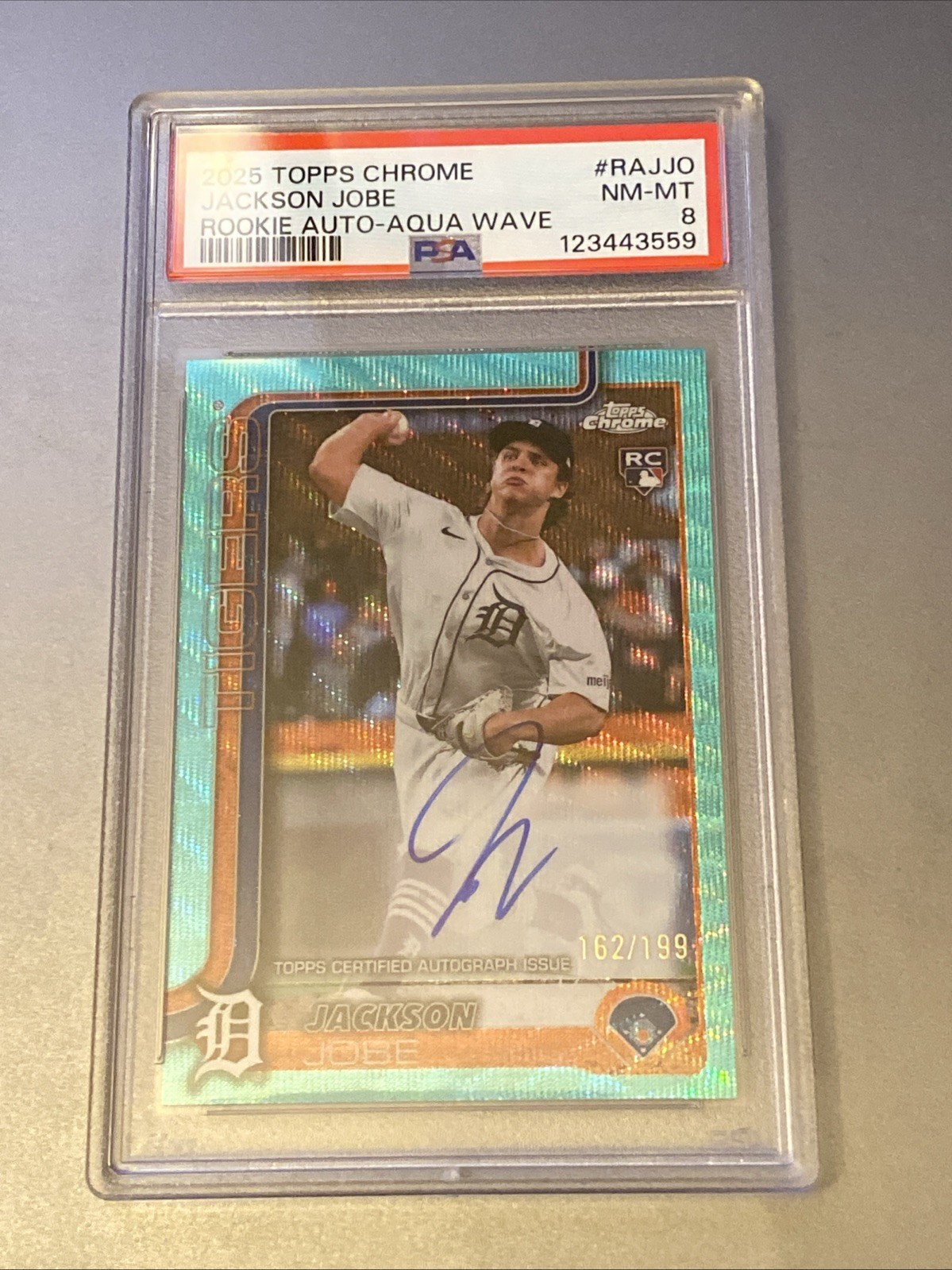 162/199 - 2025 Topps Chrome - Rookie Auto Jackson Jobe Aqua Wave Refractor PSA 8