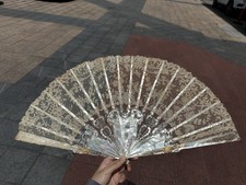 Antique French Carved Mother Of Pearl Brussels Lace Bride Wedding Hand Fan