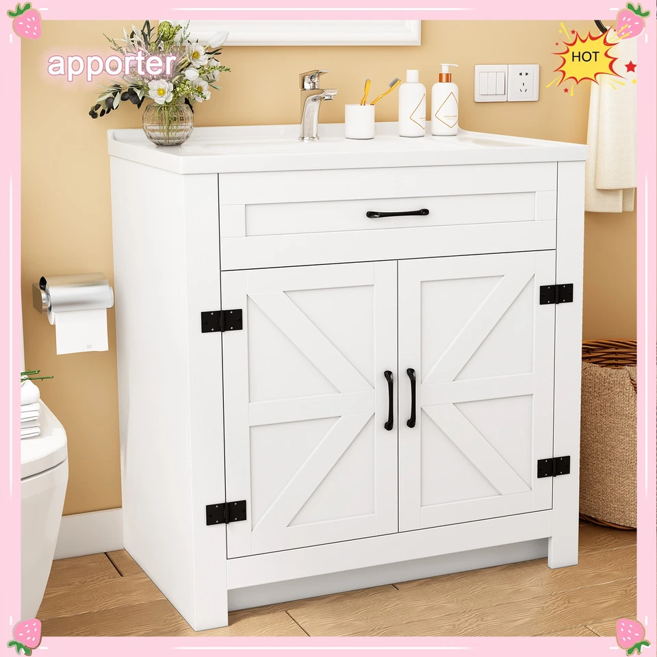 Tocador de baño de 31 pulgadas con fregadero de cerámica, cajón divisor y 2 puertas de cierre suave EE. UU. Foto 3 de 4