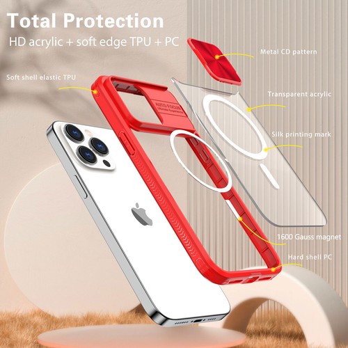 For iPhone 16 Pro Max 15 14 12 Magnetic Slide Camera Lens Hard Clear Back Case - Picture 45 of 54