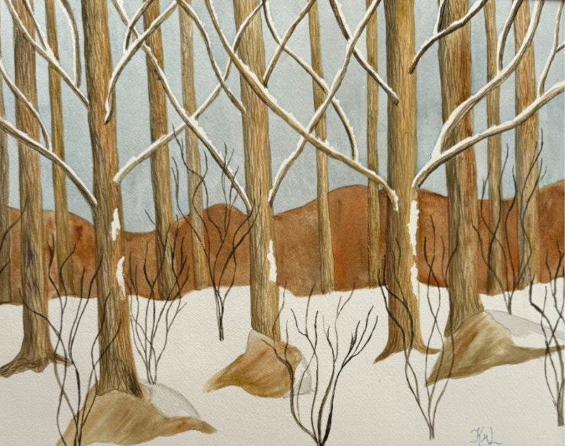 PAINTING WATERCOLOR 11X14 and BLACK MAT 16X20 FOREST TREES WINTER SNOW LANDSCAPE