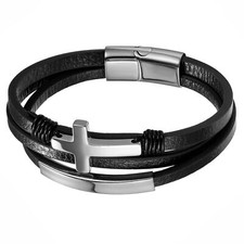 Black Multi-Layer Cross Braided Leather Bracelet Cuff Bangle Wristband for Men