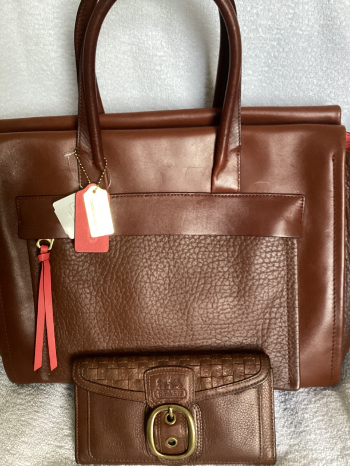 Coach Bleecker Riley Brown Red Leather Carryall Bag 28041 Woven Wallet 41567 NWT