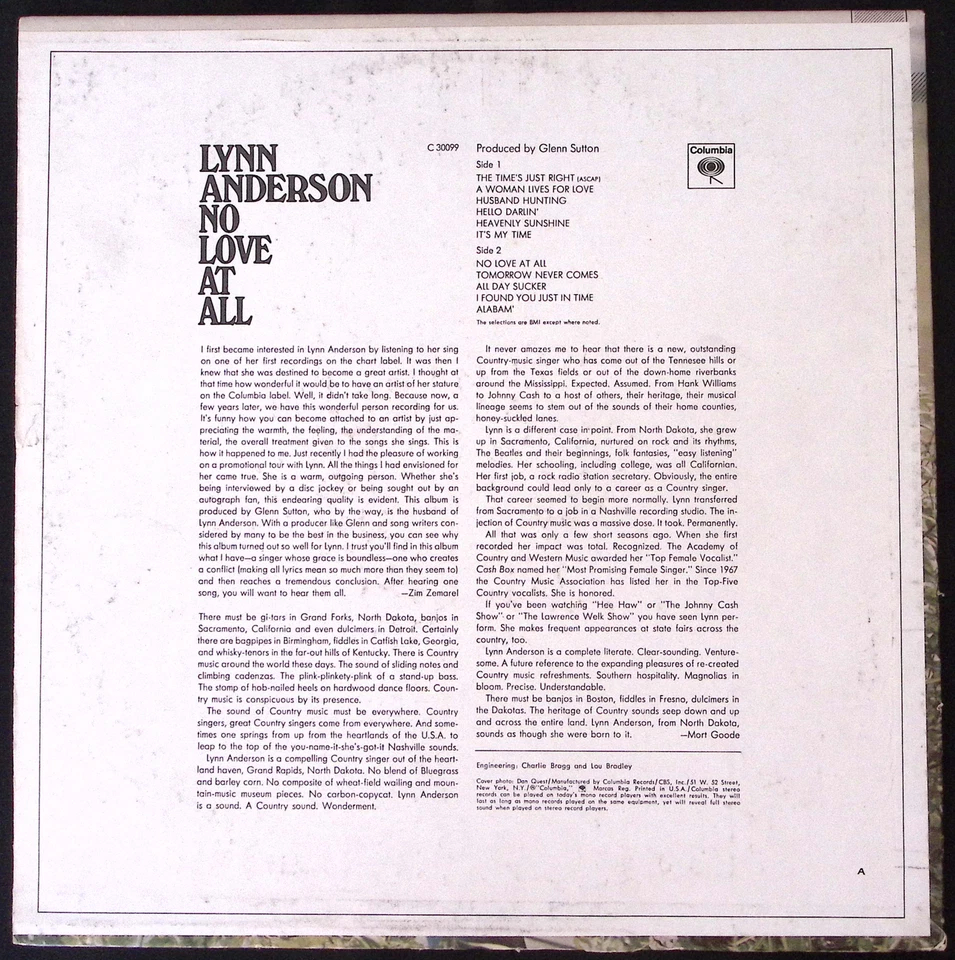 LYNN ANDERSON NO LOVE AT ALL COLUMBIA RECORDS VINYL LP 130-14 W - Image 2 of 4
