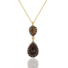 Natural Smoky Quartz Drop 18K Gold Plated  925 Sterling Silver Pendant Necklace