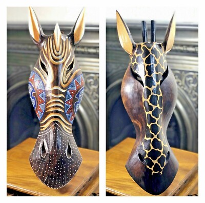 Holz geschnitzte Maske Giraffe Zebra 50 cm bemalt Schnitzerei Wandmontage