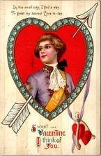 Valentine Postcard Sweet Young Man Inside Heart Made of Blue Flowers with Arrow