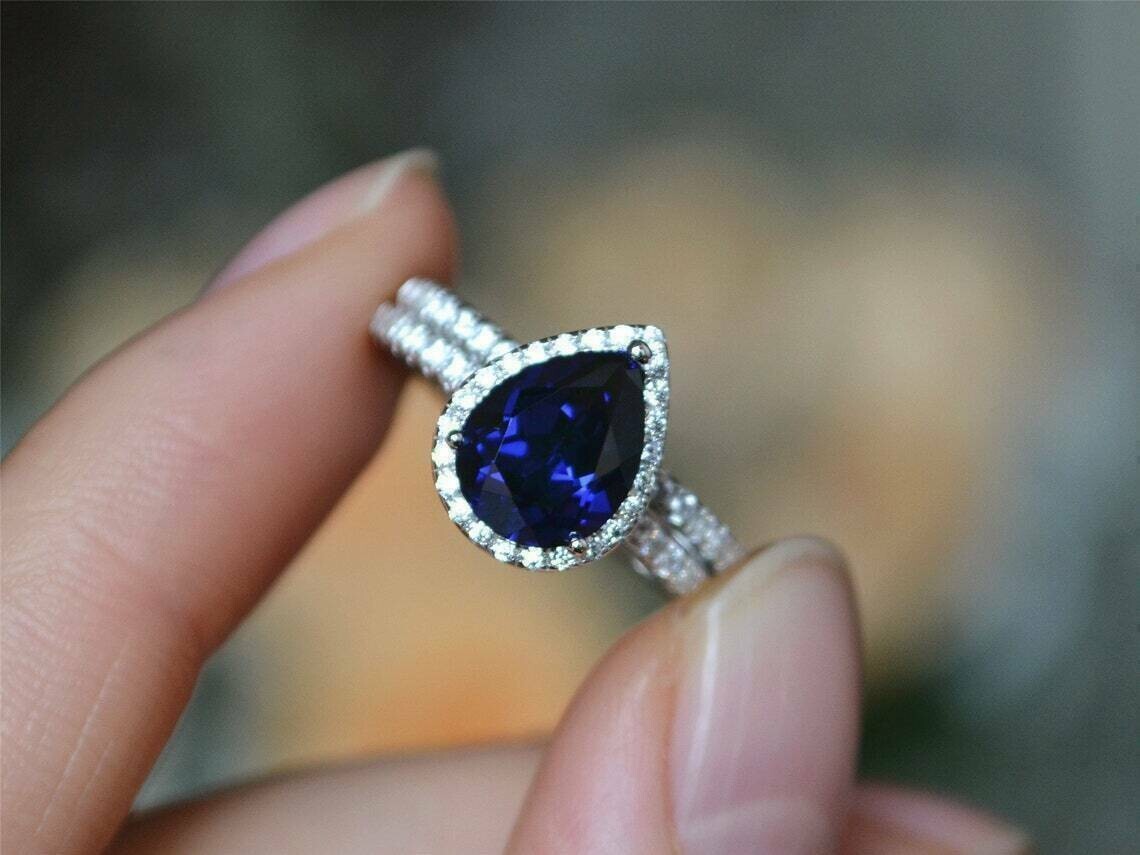 2Ct Pear Cut Blue Sapphire Bridal Set Engagement Ring 14K White Gold Finish