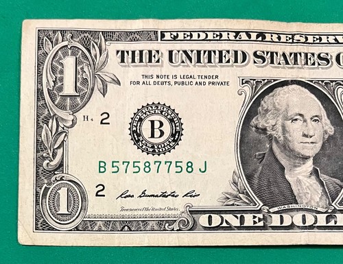 2009 1 DOLLAR BILL TRINARY SERIAL NUMBER B57587758 CIRCULATED - Picture 2 of 7