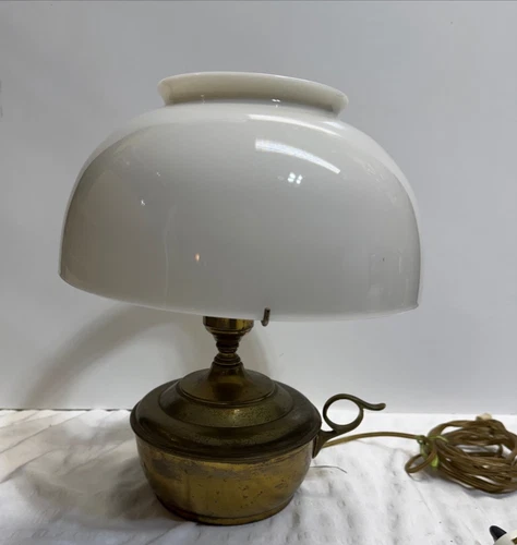 Vintage Antique Electrified Brass Oil Finger  Lamp With Milk Glass Shade