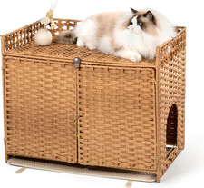 Cat Litter Box Enclosure with 2 Mats, Handwoven Rattan Hidden Litter Box Furnitu