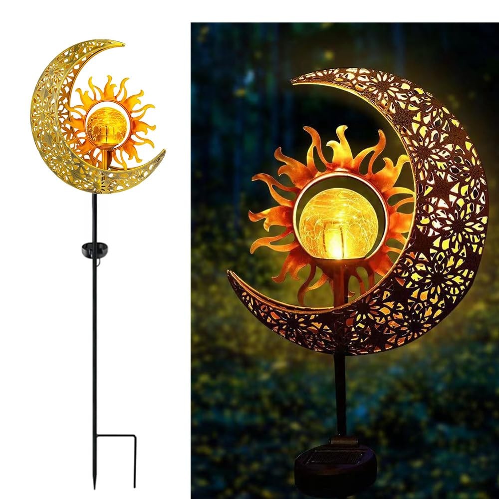 Lampe solaire lune et soleil en fer forgé décorative pour jardin noir