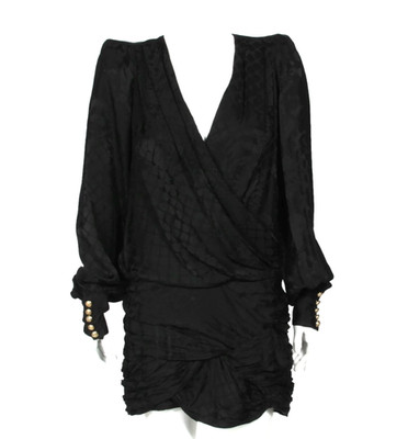 BALMAIN x H&M Black Long Sleeve Draped Jacquard-weave Silk Mini Dress sz 10 /695