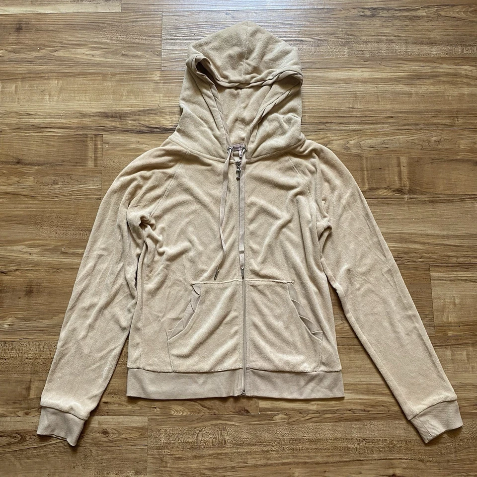 VTG Y2K Juicy Couture M Tan Rhinestone Velour Hoodie Track Jacket Sparkle Art - Image 2 of 4