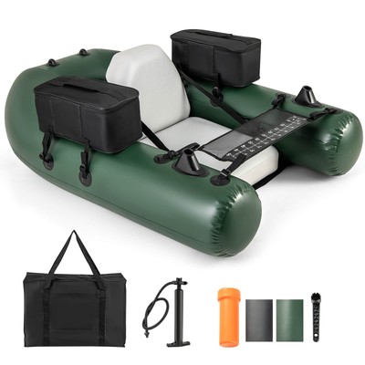 Inflatable Fishing Float Tube w/ Fish Ruler Angling Base 2 Storage Pockets Pump