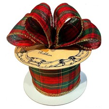 Holiday Wired Christmas Tree Ribbon, 2-1/2" x 10y, Red Gold Edge Plaid Gift Wrap