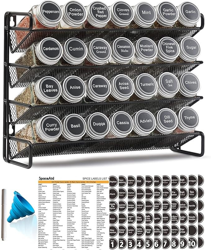 Black 13.4" W×10.8" H Spice Rack Organizer with 28Spice Jars and 386Spice Labels