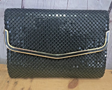 Vintage 80's Black Metal Mesh Cocktail Clutch Purse Gold Accent Chain Strap