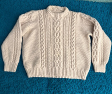 Handknit 100 Wool Cable Sweater Cream Irish Aran Fisherman Youth L Women XS