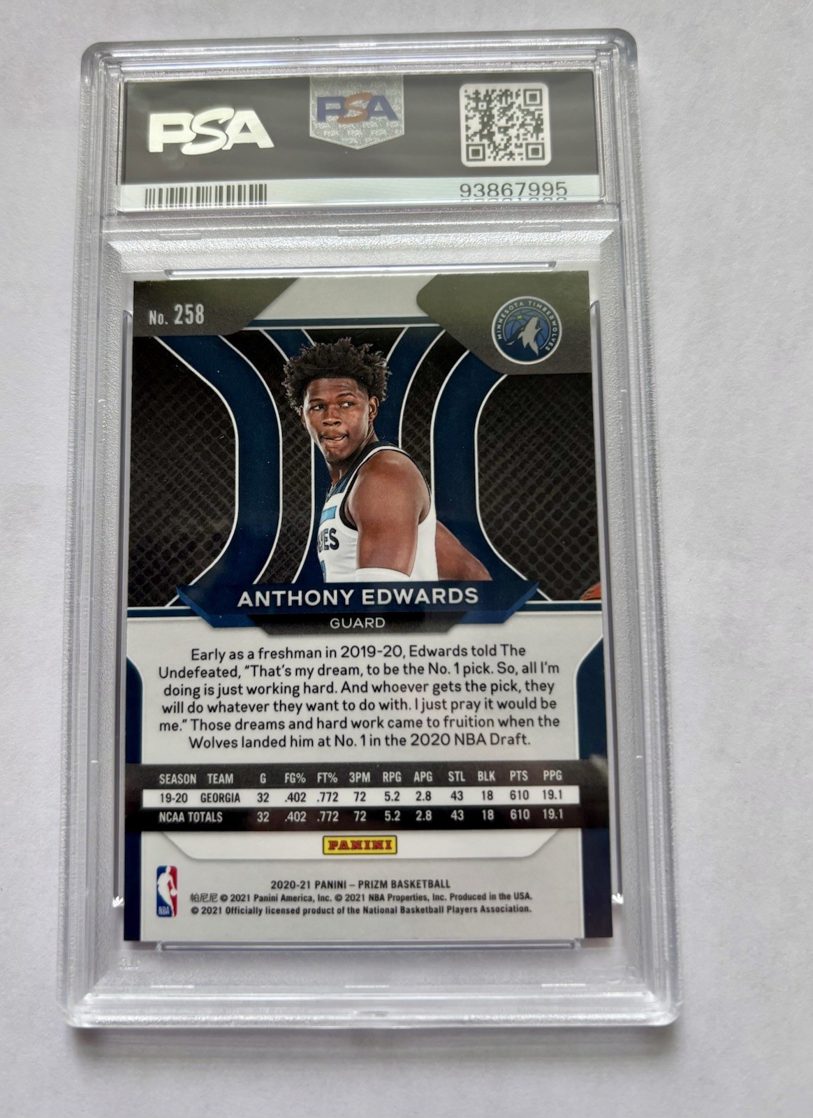Anthony Edwards Panini Prizm 2020 Rookie Card PSA 8 view 6