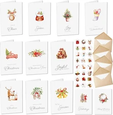 (Free Duty Tax) 24 PCS Christmas Cards with Envelopes and Stickers, 12 White