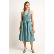 Anne Klein 100% Silk Halter Dress | Seaglass Green | Vintage Size 6 Beaded Waist