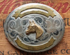 Vtg Large Western Flair Hand Made Cowboy Cowgirl Horse Head Western Belt Buckle