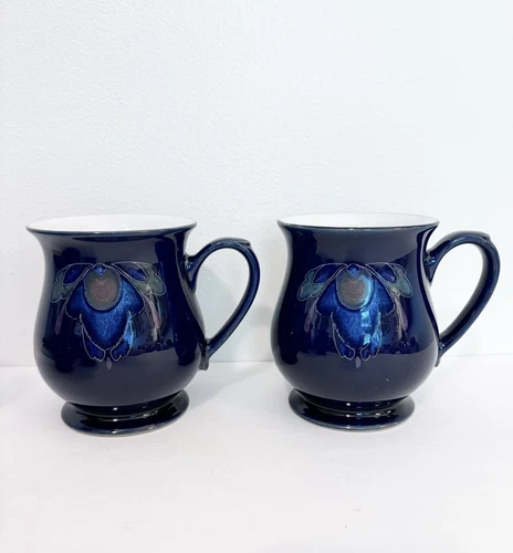 Set of 2 Denby-Langley Baroque Craftsmen 4 1/8" Pot Belly Mug Cobalt Blue Floral
