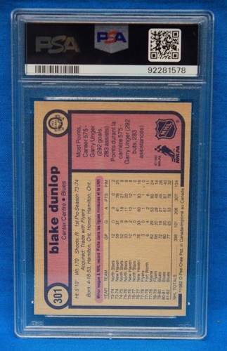 1982 O-PEE-CHEE # 301 Blake Dunlop PSA 9 MINT # 92281578 St. LOUIS BLUES !!!!! - Picture 2 of 2