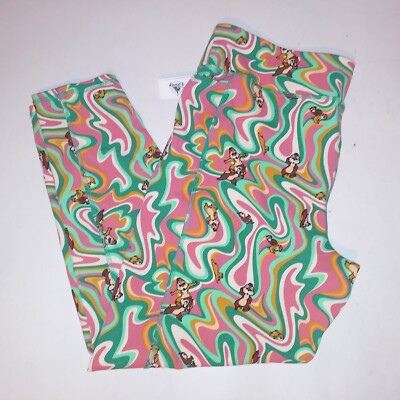 Disney Parks Leggings Chip N Dale XL Pink Green Phone Pocket Stretch Athletic