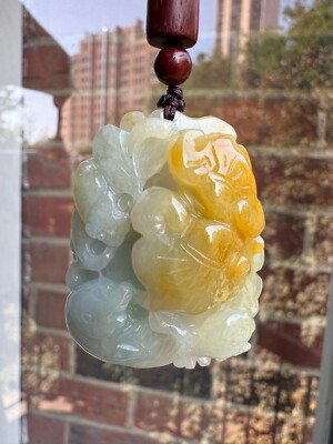 Certified Grade A Burma Jadeite Lotus Leaf and Fish Pendant Prosperity Symbolism