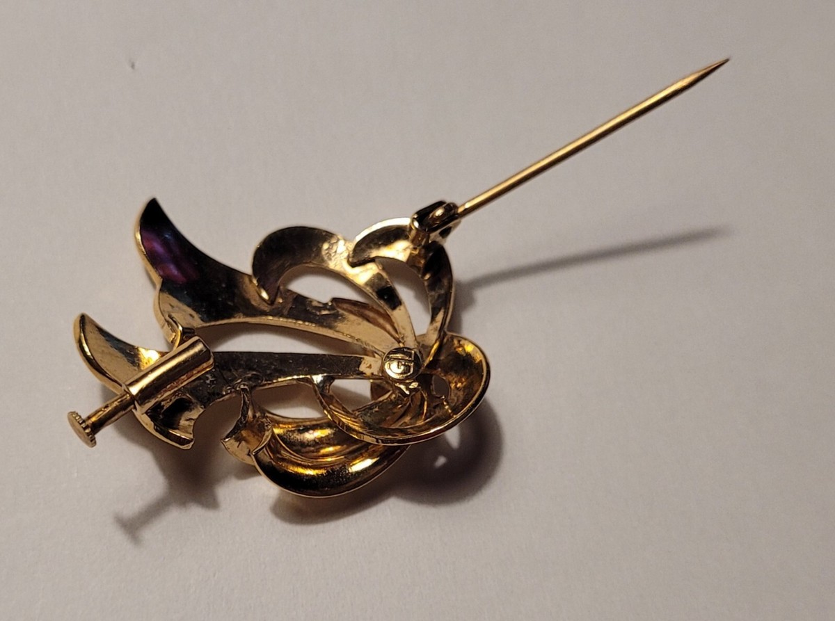 Broche Vintage Fleurs En Métal Plaqué Or Jaune - Bijou Ancien - Occasion