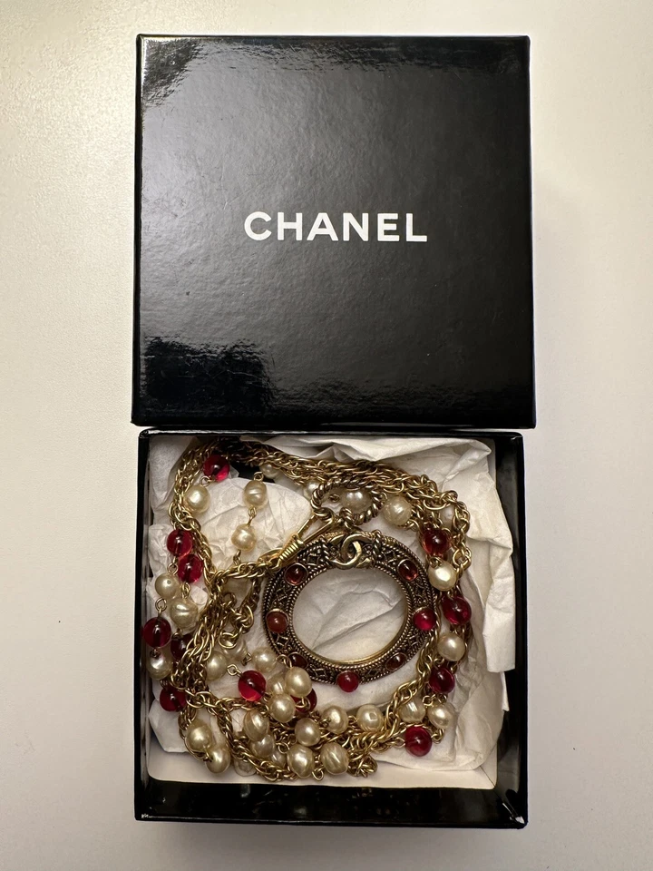 Collar Colgante Chanel 1984 Vintage Cadena Gripoix Lupa 18" RARO Foto 2 de 4