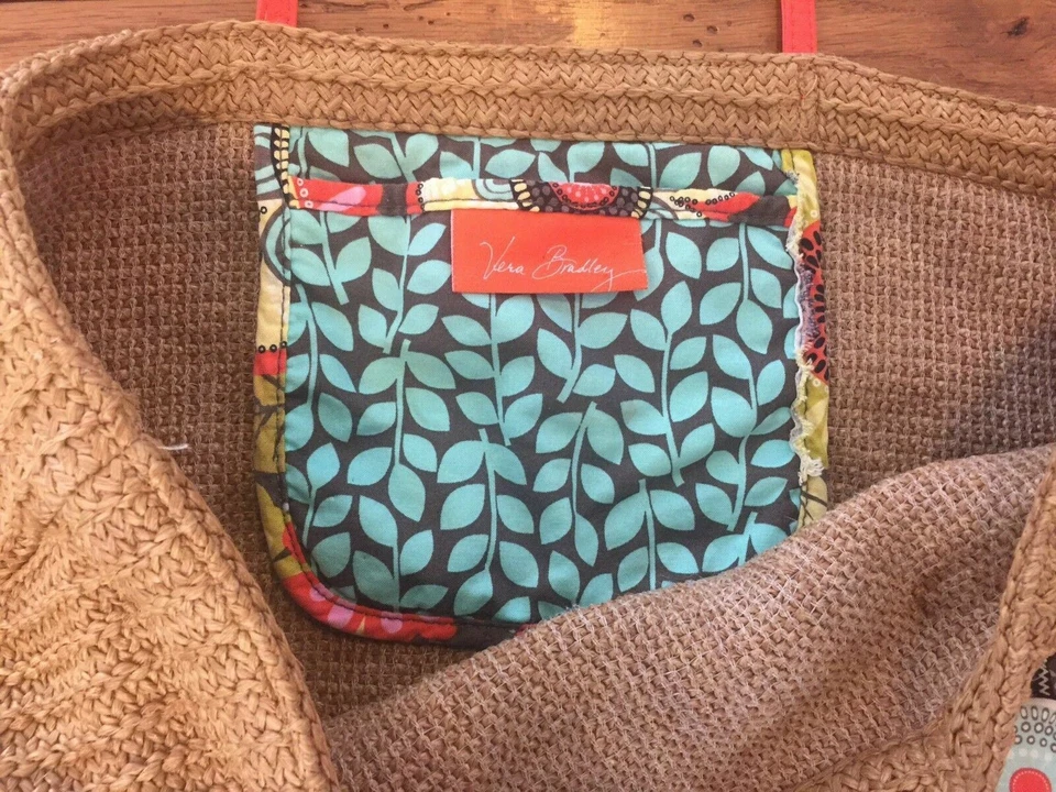 Bolso de Mano de Paja Tejido Vera Bradley Dos Pájaros en un Alambre Bolso de Compras o Playa (37) Foto 3 de 4