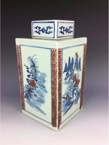 18C Kangxi Chinese underglaze red w/ Blue& white glazed square lidded jar