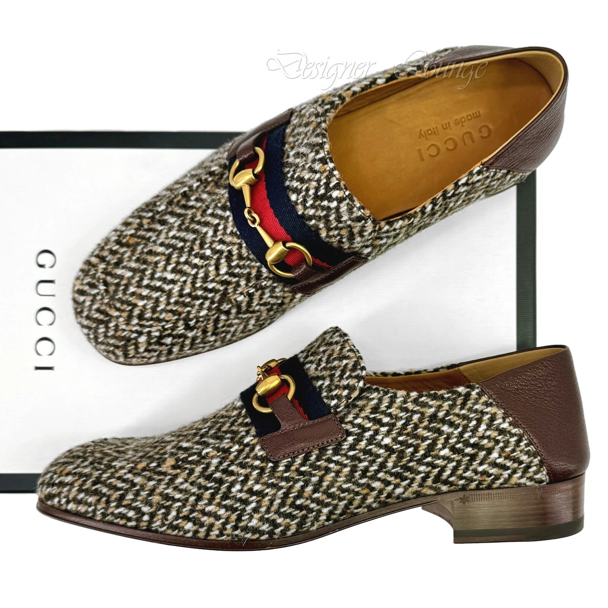 NEW GUCCI Horsebit Herringbone Tweed & Leather Loafers G 8 / US 8.5 Authentic Men main image 3