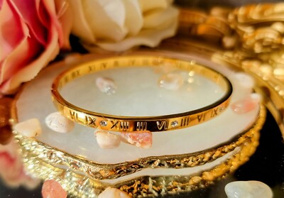 Gold Zirkonia römische Ziffern Armband Love Armreif | 18K vergoldet | Damen Geschenk