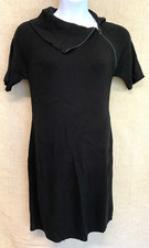 ELLEN TRACY Cowl Neck Sweater Dress L Black Short Sleeve Asymmetrical Zip NWOT