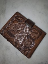 Vintage Hand Tooled Leather Wallet Boho Western Floral Embossed Made in Mexico