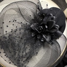 Black Mesh Flower Fascinator Headpiece with Flower Polka Dot Accents for Women