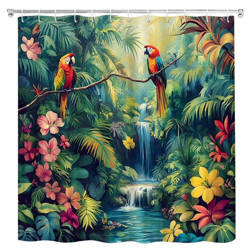 Jungle Parrot Shower Curtain Tropical Bird Forest Waterfall Green Leaves Rain...