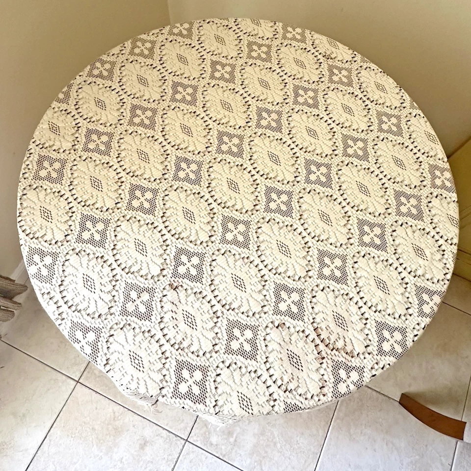 复古 70 年代棕色象牙流苏桌布圆形中世纪 70 英寸直径花边 — 第 3/4 张图片